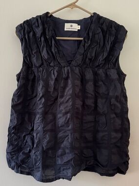 SABRINAGOH Designer Textured V-Neck Sleeveless Blouse in Navy Medium